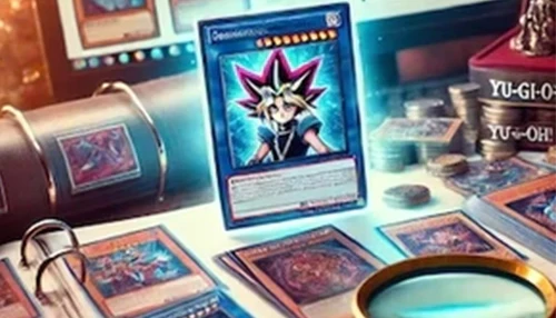AI Gegenereerde foto van Yu-Gi-Oh! kaarten in een map voor het bepalen van de waarde.