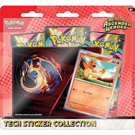 Voorkant van Ascended Heroes tech sticker met Charizard sticker en Charmander promo kaart