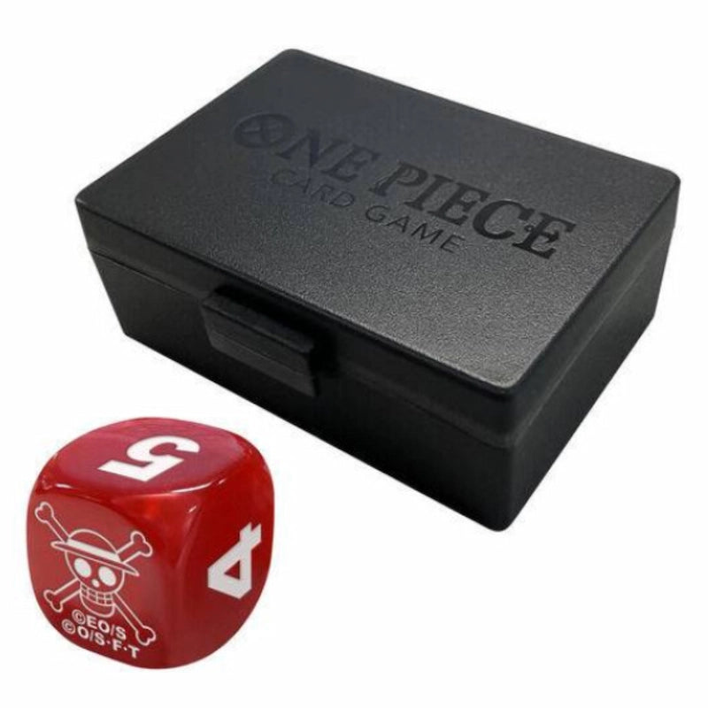 De voorkant van het doosje van de One Piece Dice en Dice Case met 1 van de 6 dobbelstenen zichtbaar, uitgerut met officiele One Piece logo's.