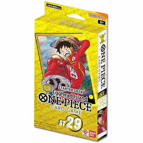 Voorkant van de One Piece Starter Deck ST29 Egghead met de gele kleur zichtbaar en Monkey.D.Luffy op de voorkant.