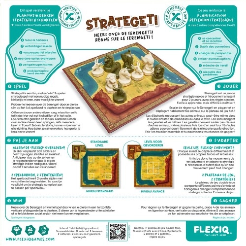 Achterkant van het bordspel Strategeti met een Nederlandse en Franse uitleg over hoe het spel werkt.