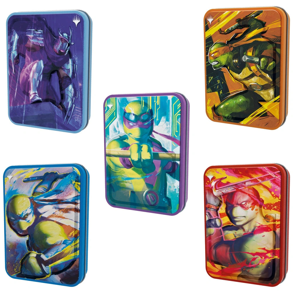 Alle vijf de varianten van de TMNT Tins uit Magic the Gathering